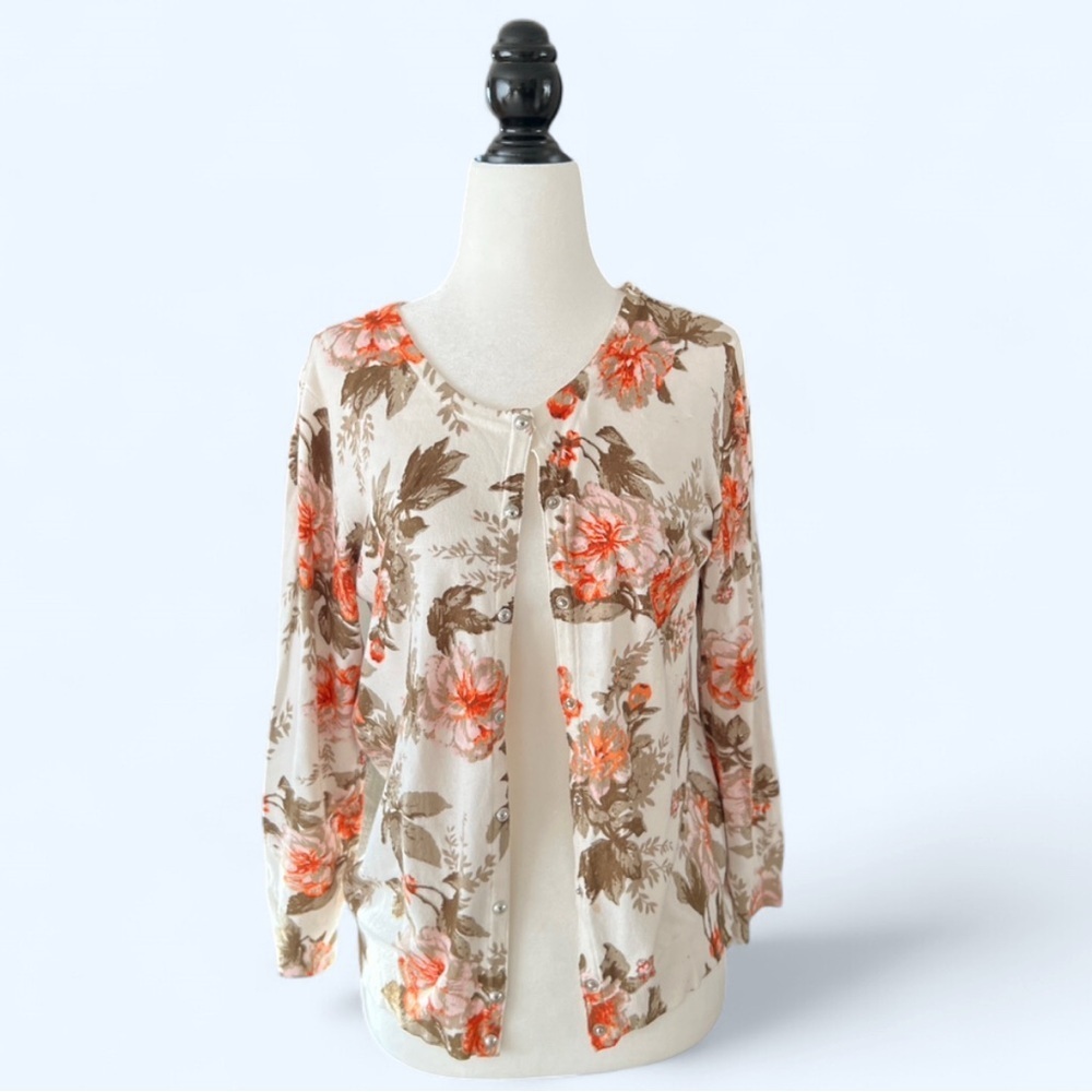 PREMISE Floral Women's Cardigan Floral White Orange Spring Lightweight Medium
